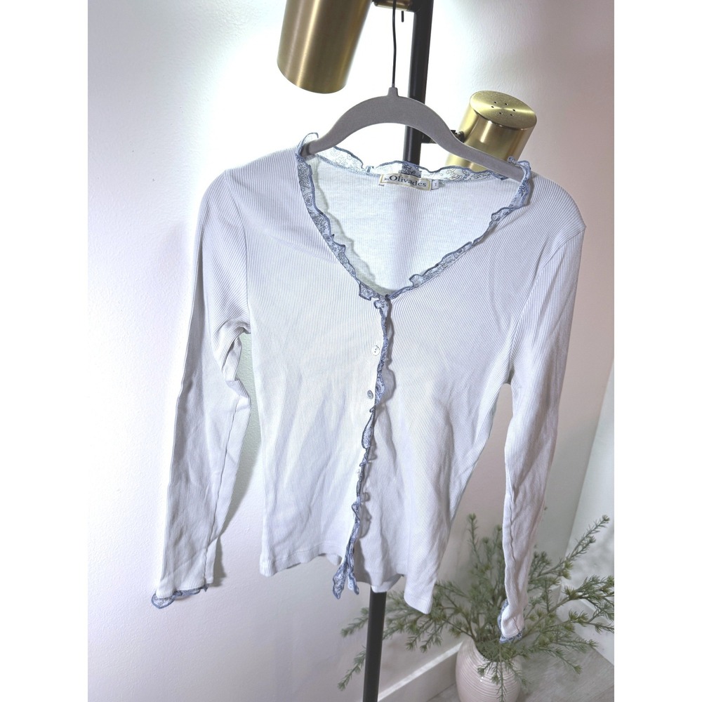 Les Olivades France Ruffle Cardigan coquette Blue Silk‎ Trim Sweetheart Neck S M